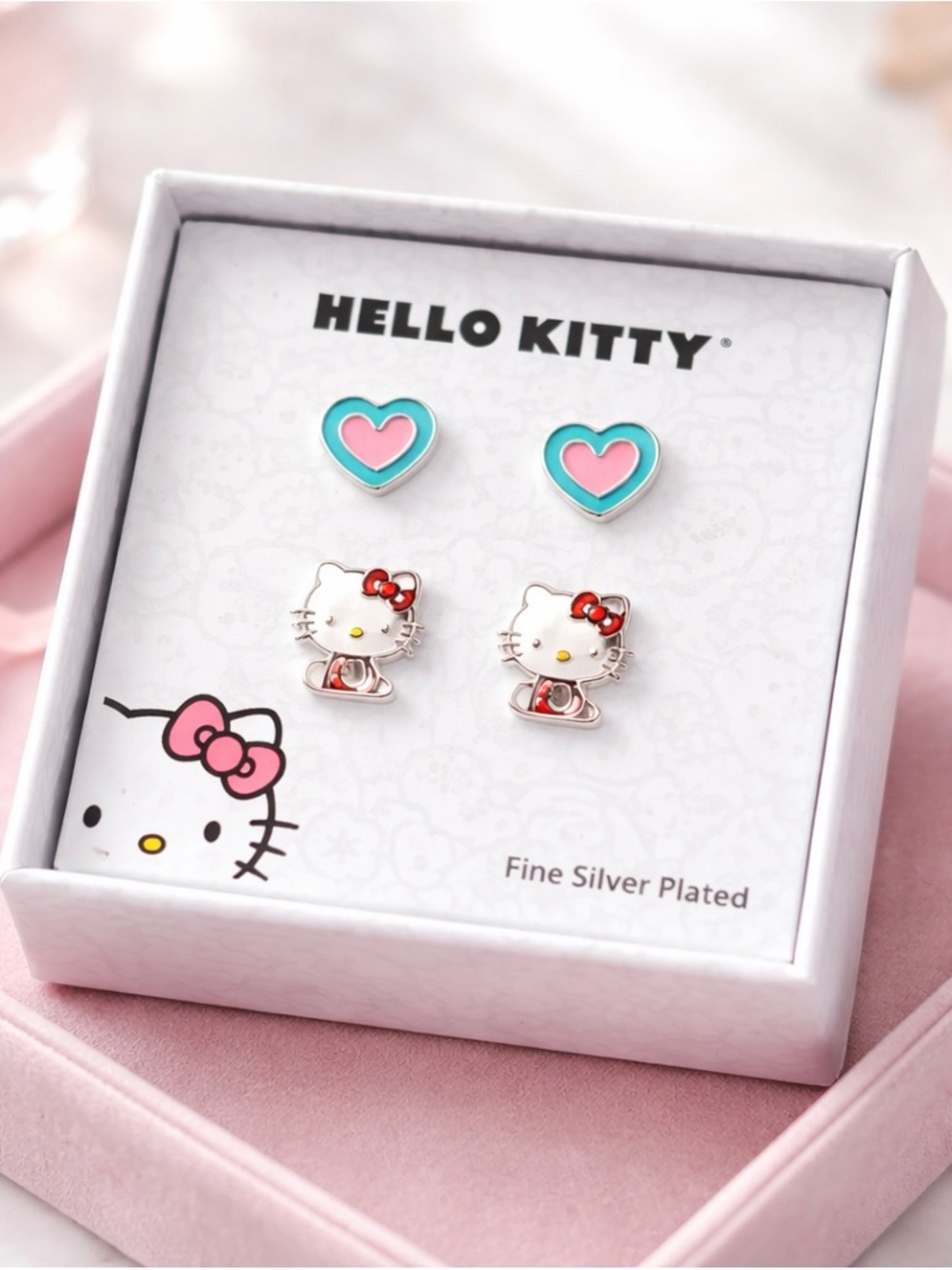 Hello Kitty Pink & Teal Heart and Kitty Stud Earring Set